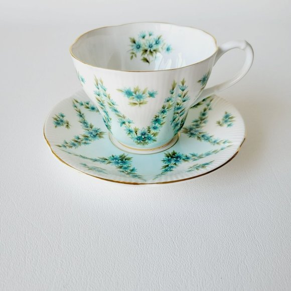 Royal Albert Shot Silk Teacup & Saucer White Blue Green Floral Swag Embossed VTG - Picture 2 of 14